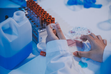 Research, experiment and medical trial being done by a scientist in a lab, science facility or...