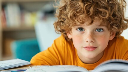 Portrait of Young Boy: A young boy, with a playful smirk, is immersed in reading. His curly hair frames a face filled with curiosity and joy, suggesting an exciting journey through the world of books.