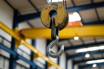 View of lifting hook in an industrial warehouse