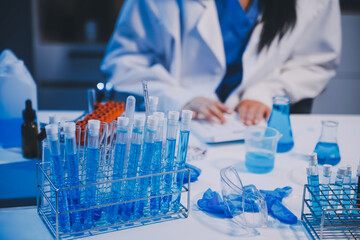 Research, experiment and medical trial being done by a scientist in a lab, science facility or...