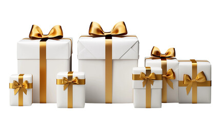 White gift boxes with gold ribbons, luxury holiday packaging, birthday anniversary surprise, elegant celebration, isolated on transparent background.