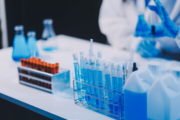 Research, experiment and medical trial being done by a scientist in a lab, science facility or...