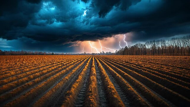 Dramatic lightning storm illuminates rural field at dusk
