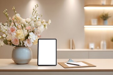 Fototapeta premium Reception Counter with Flowers and Tablet 