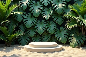 Fototapeta premium Creamy gray round podium on clear sand, surrounded by vibrant sunlit tropical monstera and palm leaves