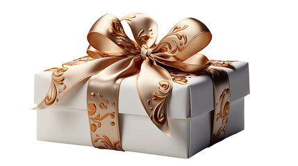 White gift box with gold ribbon, embossed holiday design, special occasion surprise, festive celebration, isolated on transparent background.