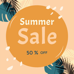 Summer sale banner. Card with tropical leaves, shape, text. Poster for season promo, sale in marketing, business, online shopping. Vector illustration
