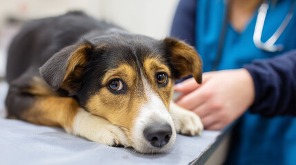 Smiling young veterinarian in blue coat holding dog providing compassionate care in modern veterinary clinic smiling at camera. Injury recovery, healthcare concept, pet treatment and prevention,