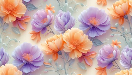 Obraz premium Illustration of a Pattern of Orange and Purple Flowers with Delicate Stems and Leaves