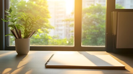 Recycled Paper Notebook on Wooden Desk Eco-Friendly Workspace