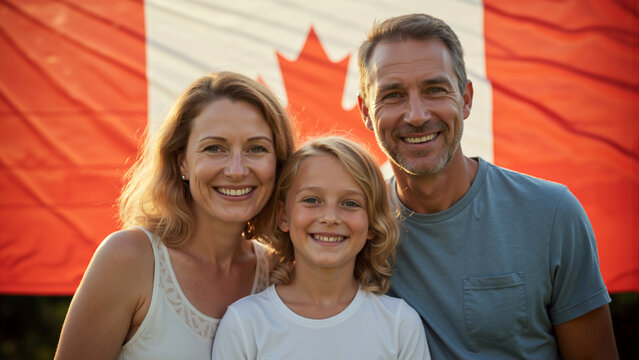 Smiling Canadian family with daughter in front of national flag. Mother, father, and child portrait celebrating patriotism. Canada Day celebration, 1st July