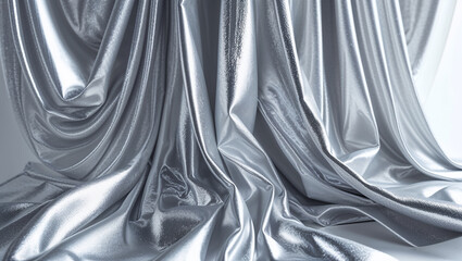 Silver fabric drapes flowing in elegant folds, luxury textile background