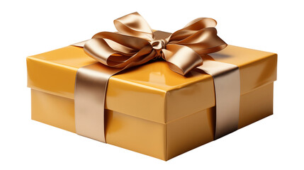 Golden gift box with satin bow, luxury holiday present, festive packaging template, special occasion surprise, isolated on transparent background.
