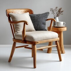 Polished Wooden Chair With Cream Upholstery high resolution image