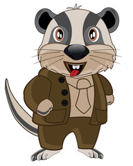 Animal badger in suit on white background is insulated