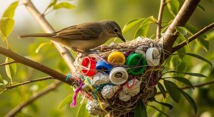 A bird making a nest out of garbage