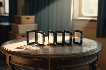A photograph of five empty black camera film frames arranged in a neat row on a dusty, antique wooden table