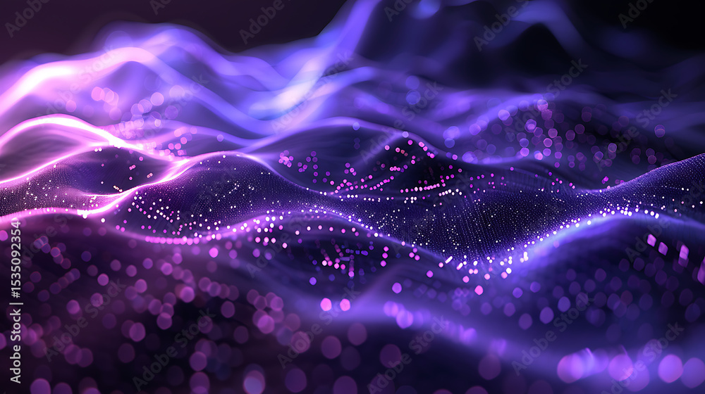 Poster a mesmerizing abstract background featuring flowing purple waves and glowing dots, creating a futuri
