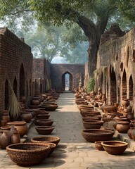 Pottery village scene filled with vessels high resolution image