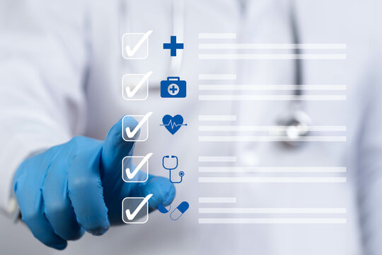 A healthcare professional in blue gloves interacts with a digital checklist, emphasizing tasks related to medical care and patient management. - Powered by Adobe