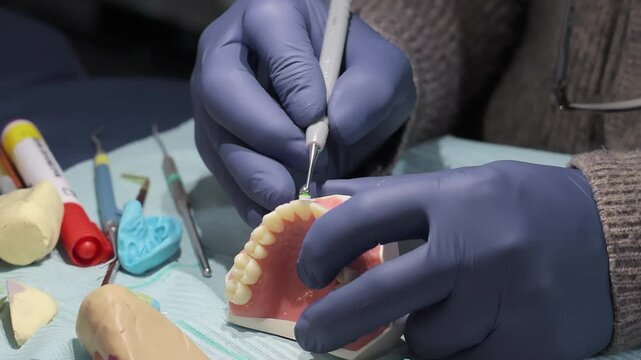 Dental training with tooth model and tools. Close-up of gloved hands practicing dental procedures on an artificial jaw model using precision instruments during clinical training.