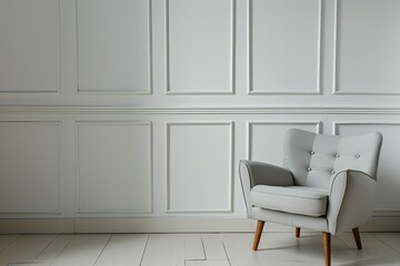 Pixel Perfect Picture of Grey Retro Armchair in White Bedroom Interior with Wooden Accents