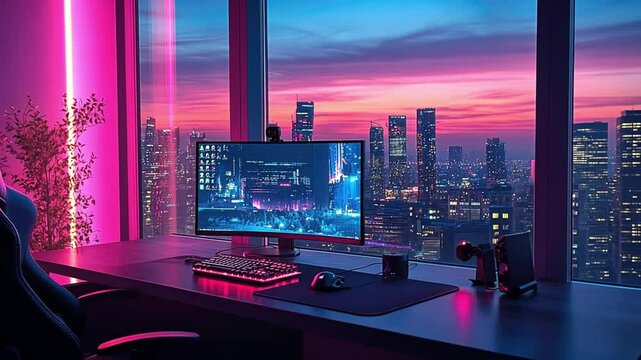 Ultimate Gamer Setup: Cityscape Sunset View - Powered by Adobe