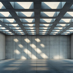 Concrete Grid Ceiling with Recessed Lighting Panels, Industrial Minimalism