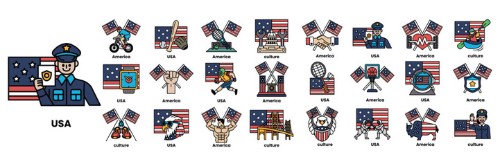 Set of illustrations in the concept of American flags and things in line art style