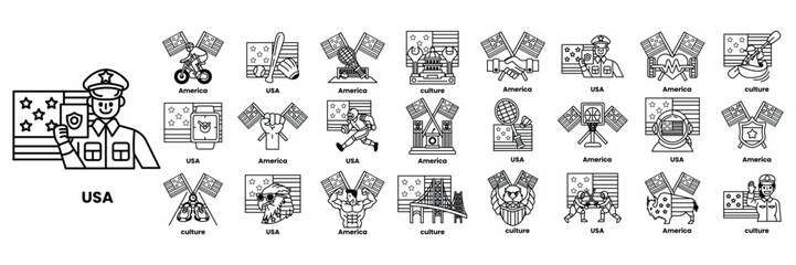 Set of illustrations in the concept of American flags and things in line art style