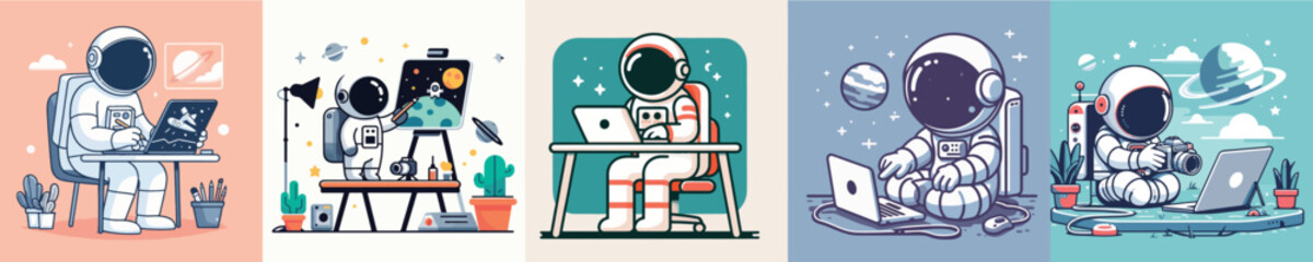 vector image of an astronaut sitting and playing on a laptop