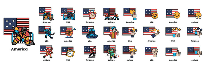 Set of illustrations in the concept of American flags and things in line art style