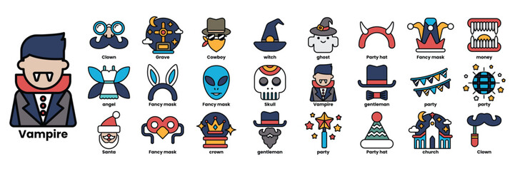 A collection of Halloween themed icons including a vampire, witch, skeleton