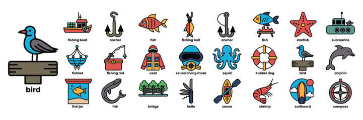 A collection of ocean-related icons, including fish, boats, and birds