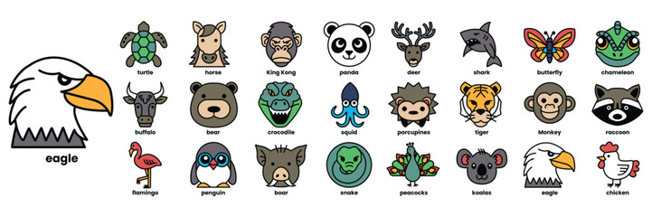 Set of illustrations in the concept of Animal faces in line art style