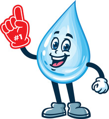 Cartoon water drop character holding giant foam finger