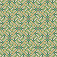 Seamless Retro Geometric Pattern with Interlocking U-Shapes in Green, White, and Orange, Vintage Abstract Background Ideal for Textiles, Wallpapers, Wrapping Paper, or Digital Decorative Projects