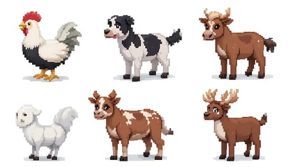 Fototapeta premium Cute Pixel Art Farm Animals Set