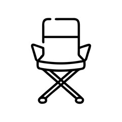 Simple line drawing of a folding chair with armrests and cross legged base design element here