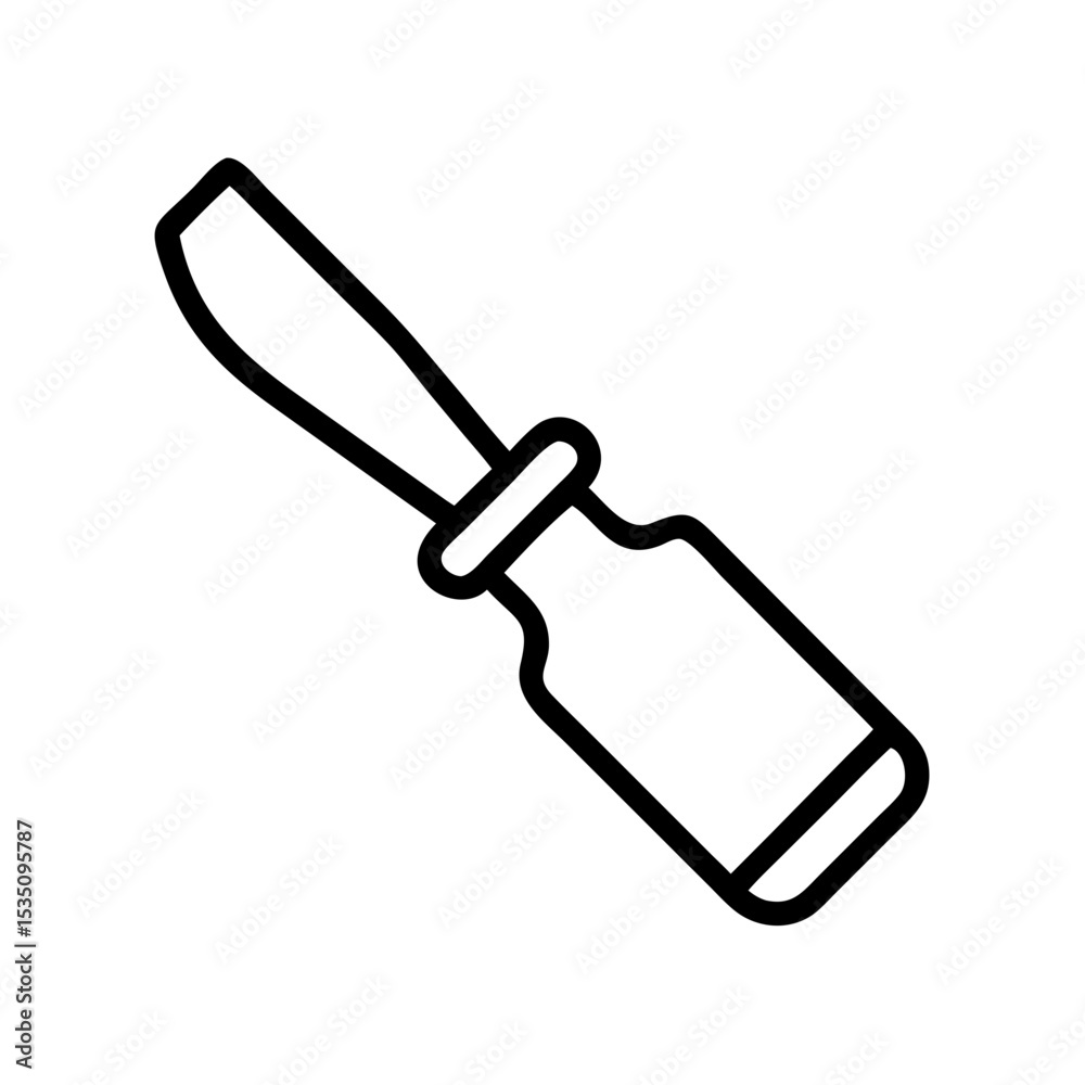 Poster a simple graphic showing a chisel tool with a black outline and white fill on a white background