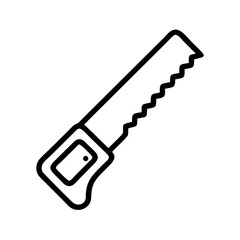 A simple outline drawing of a hand tool with a toothed blade and a handle on a white background