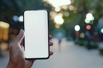High Detail Image of Man Hands Holding Blank Screen Smartphone with Blurred Background