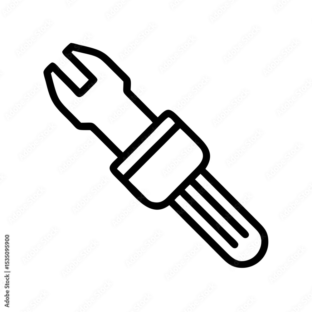 Poster outline drawing of a spanner with a rectangular grip and three lines extending from the bottom end