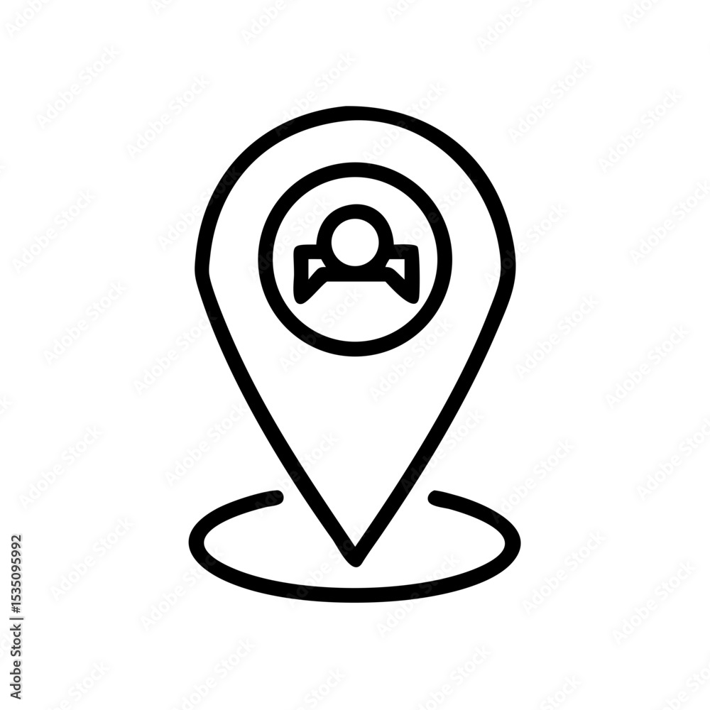 Poster location pin with person icon inside indicating a specific point of interest on a map view area