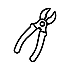 Outline graphic representing a pair of pruning shears with a black outline on a white background image