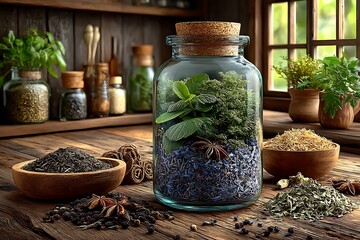 Preserved green herbs in tea jar high resolution image