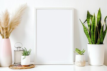 Photo Frame Mockup on Table with Palnt and Lamp Aesthetic Ornament Living Room White Wall