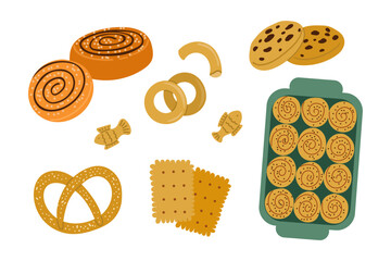 Flat vector illustration of various isolated baked goods, including a bun, cracker, cookie, pretzel, and baking tray with buns. All elements are hand drawn and placed on a white background.
