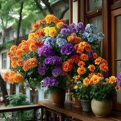 Purple and yellow flower heads in vase