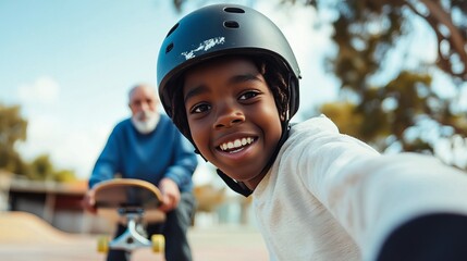 Young Boy Enjoying Skateboarding with Grandfather at Outdoor Skate Park in Bright Daylight